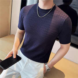 2026男士体恤冰丝清凉镂空针织圆领短袖T恤男修身弹力T恤抖音直播