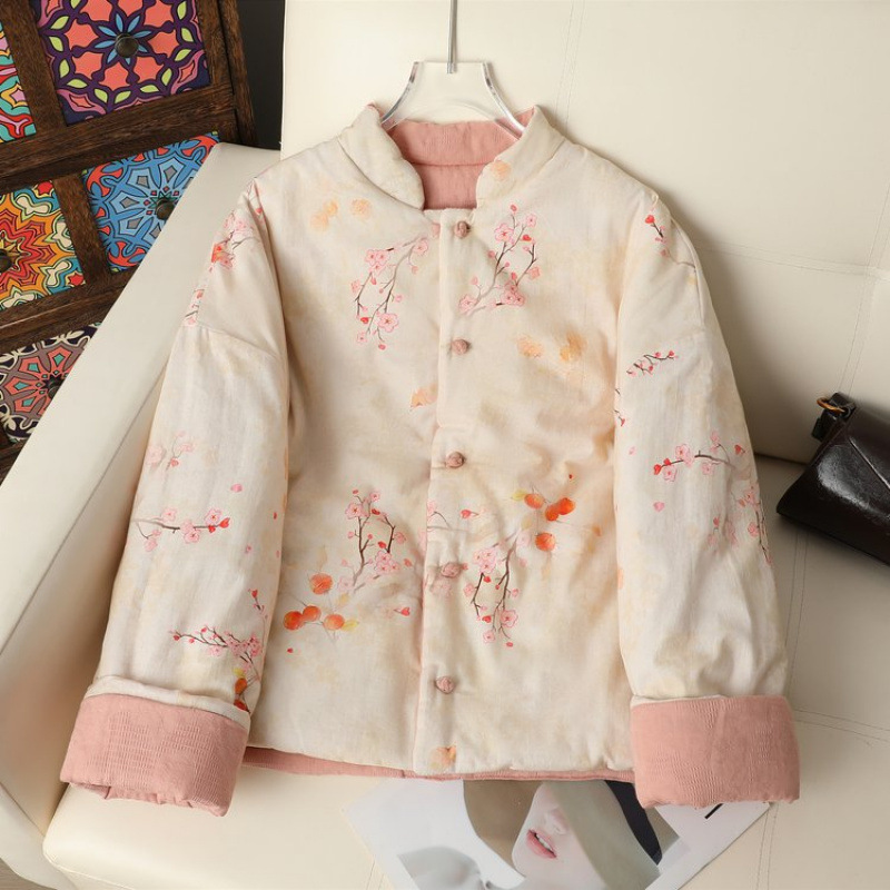 新中式国风棉麻印花夹棉外套女冬季撞色唐装棉服加厚小立领棉衣|undefined