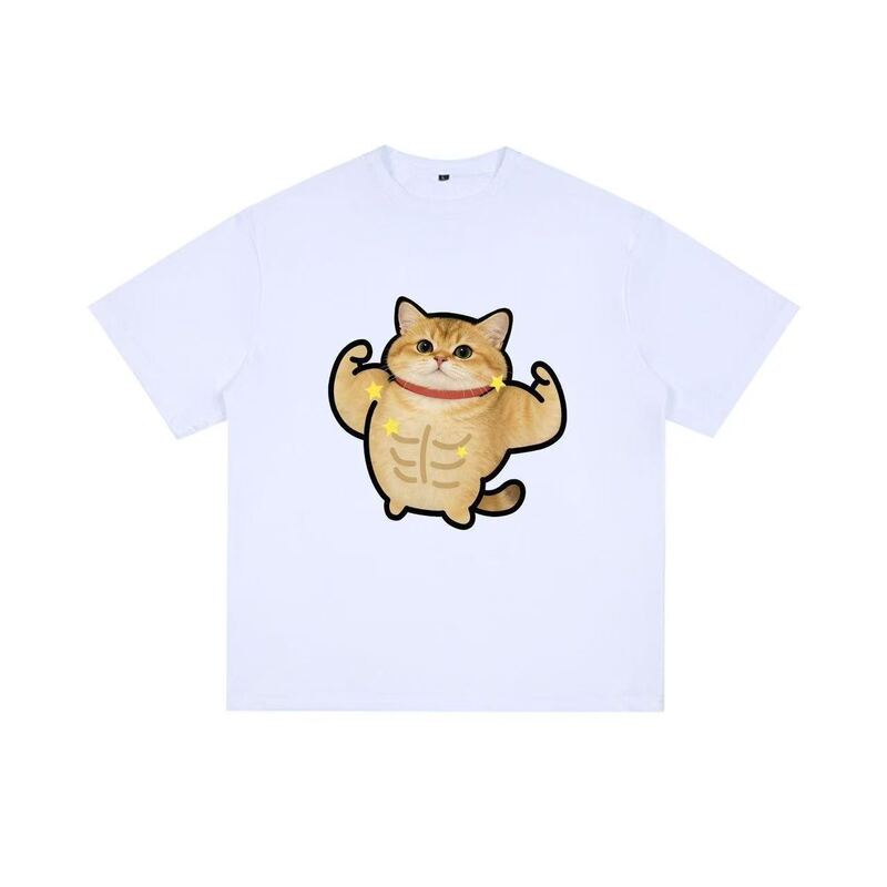 Milk Silk Fun Golden Gradient Cat Abs Cool Short Sleeve T-Shirt, Popular Unisex Loose Casual Couple Style