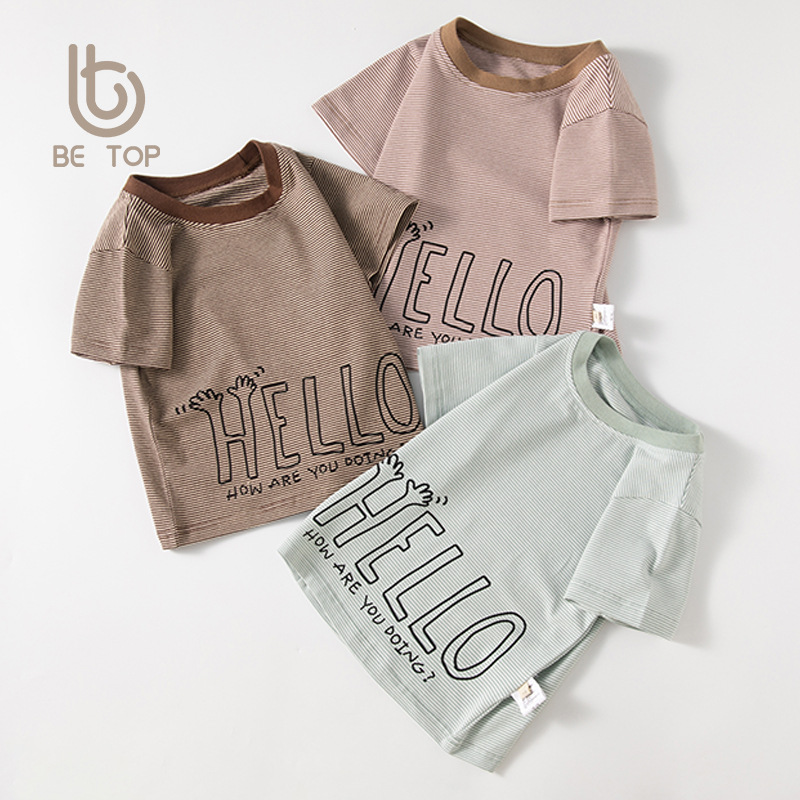 Be top ropa para niños coreanos letras rayas niños camiseta de manga corta marco de tracción estilo suelto verano bebé cuello redondo media manga