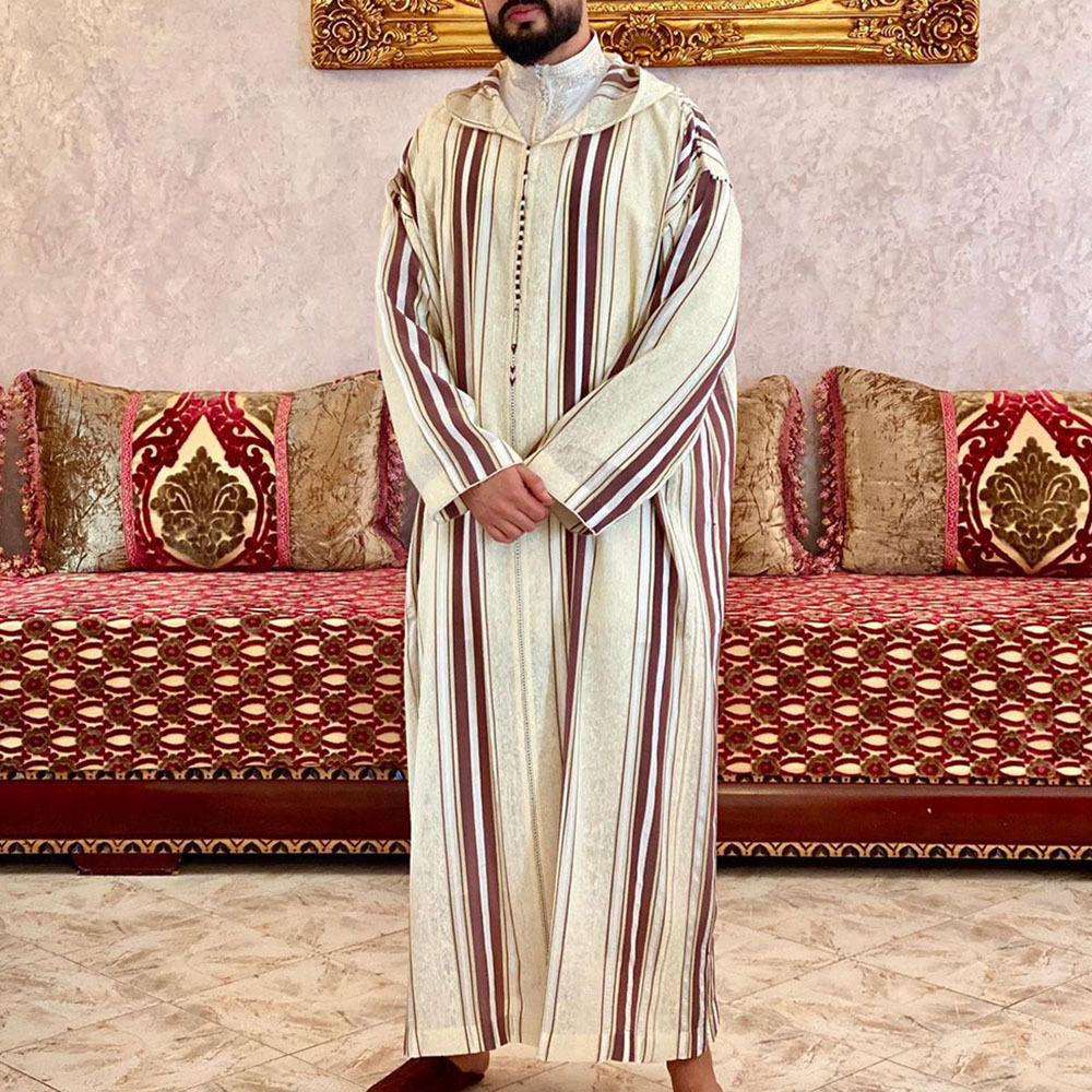 Men's Clothing Long-Sleeved Hooded Printed Loose Striped Men's Robe in Multiple Colors in Stock