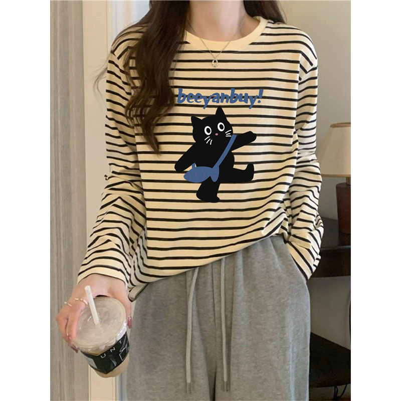 Trendy Niche Striped Long-Sleeve Women's T-Shirt Fashion Versatile Stylish Pure Cotton Regular Shoulder Top Base Shirt for Autumn and Winter