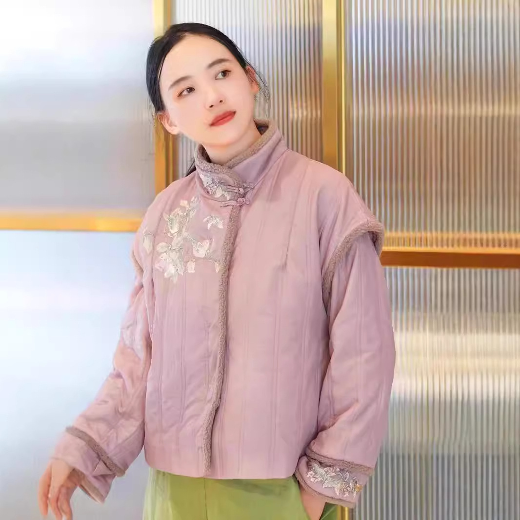 Daji New Style 수직 칼라 자수 면 패딩 재킷 짧은 따뜻한 재킷 조끼 여성용 스트레이트 코튼 말 클립 얇은 조끼