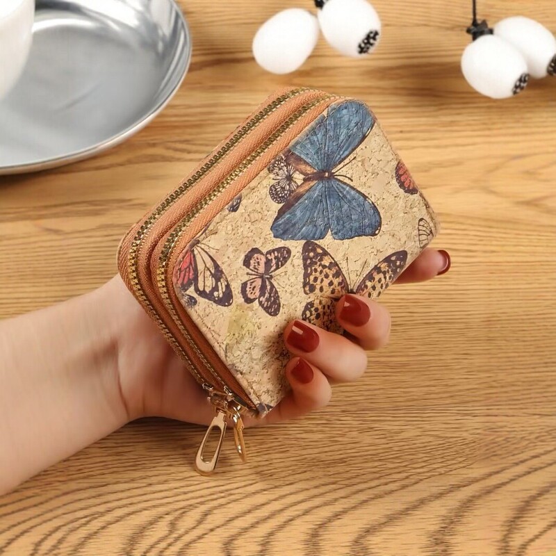 Retro Cork Women's Wallet Double Layer Zipper Mini Coin Purse Large Capacity Card Holder Ethnic Floral Storage Bag