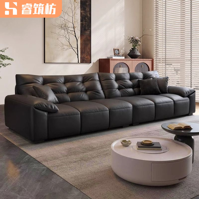 Home Eco-Friendly Genuine Leather Sofa, Light Luxury Italian Minimalist Large Black Bear Living Room, Suitable for Various Sizes, Straight-Line Cat Scratch-Resistant Leather Sofa