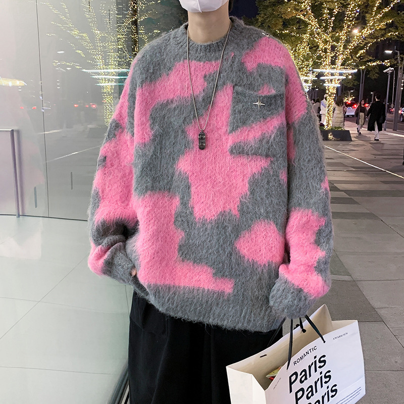 Lazy Style Winter Thick Tie-Dye Sweater Men's Loose Simple Plush Knitted Sweater Trendy Brand Couple's Jacket