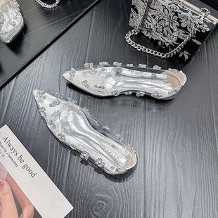 Fairy Rhinestone Transparent Sandals 2024 Summer New Niche Red Bottom Flat Shoes Crystal Low Heel Women's Shoes