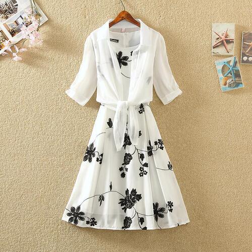 Summer Retro Print Little Black Dress High-Waisted A-Line Skirt Two-Piece Set for Women