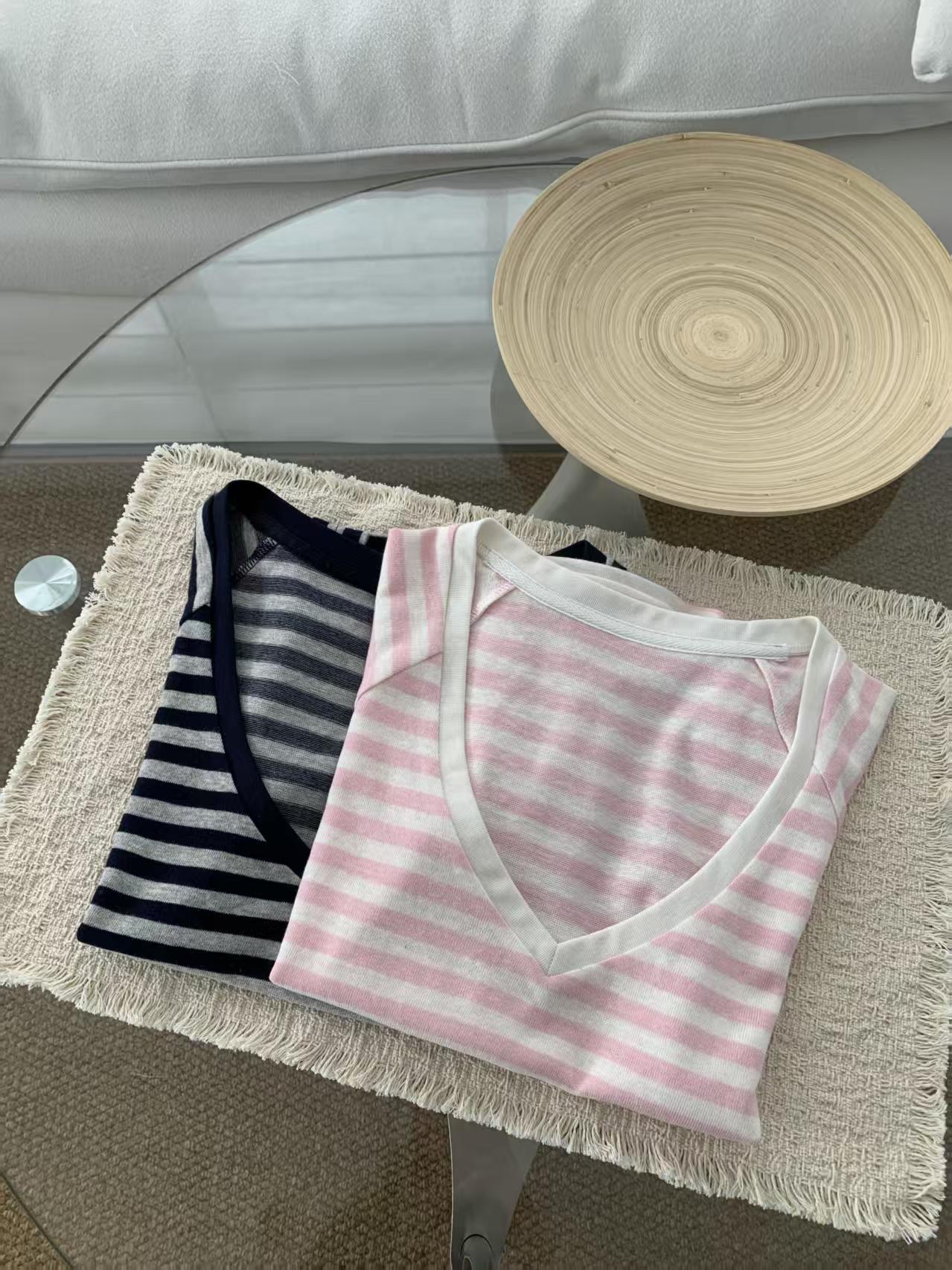 Pink Striped V-Neck Slim-Fit Short-Sleeve T-Shirt for Women, Summer, Very Stylish Korean Design with Small Flutter Sleeves