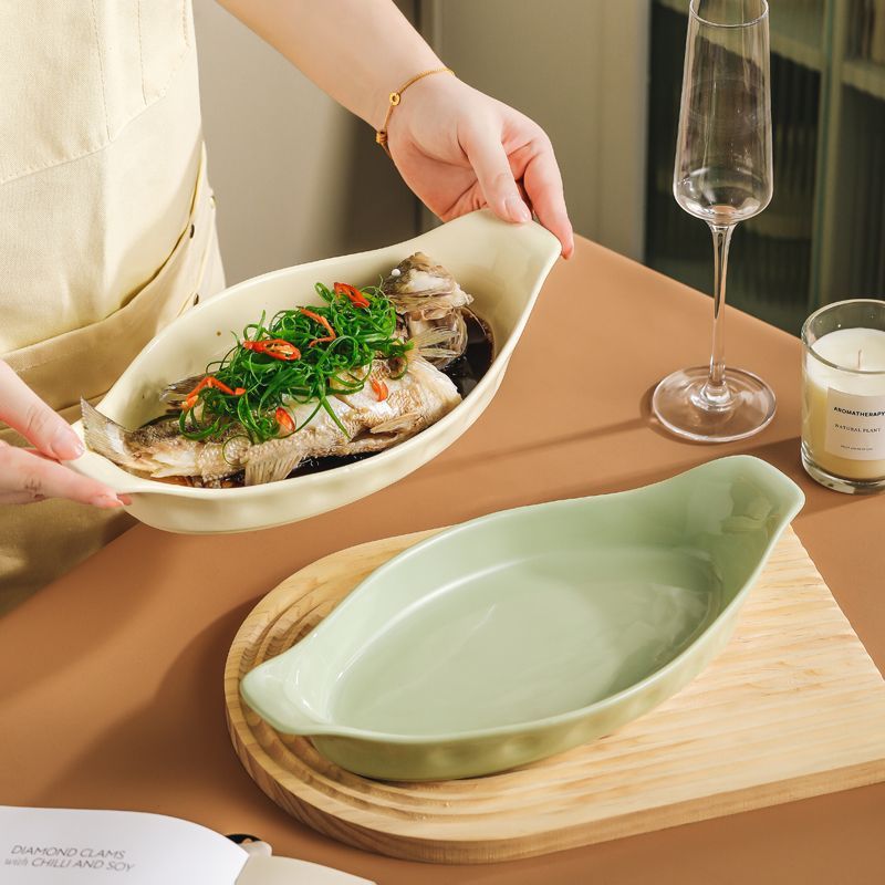 Thickened Double-Eared Fish Plate, Household Steamed Fish Plate, Light Luxury Soup Plate, Deep Dish Dish Plate, High-End Large Extra Thick Plate