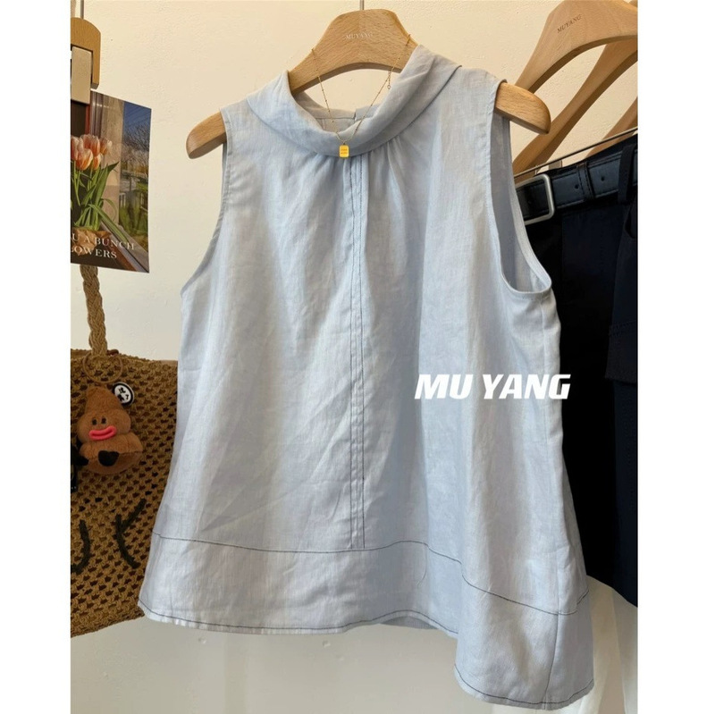 Designer Style! 100% Ramie Unique Collar Elegant Linen Vest Women's A-Line Sleeveless Shirt