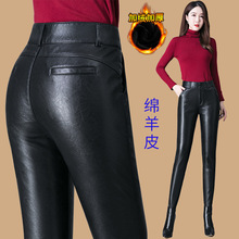 专柜真皮皮裤女2025秋冬绵羊皮高腰加绒修身弹力小脚裤铅笔裤长裤