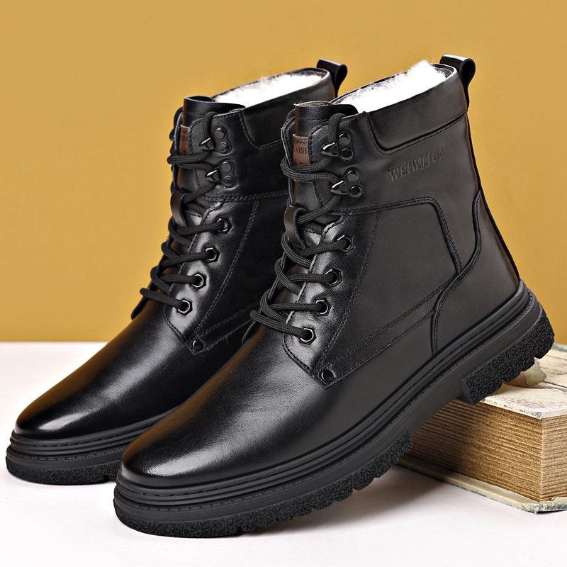 头层牛皮冬季男士棉鞋真皮羊毛户外保暖军靴男款加绒皮靴马丁靴男