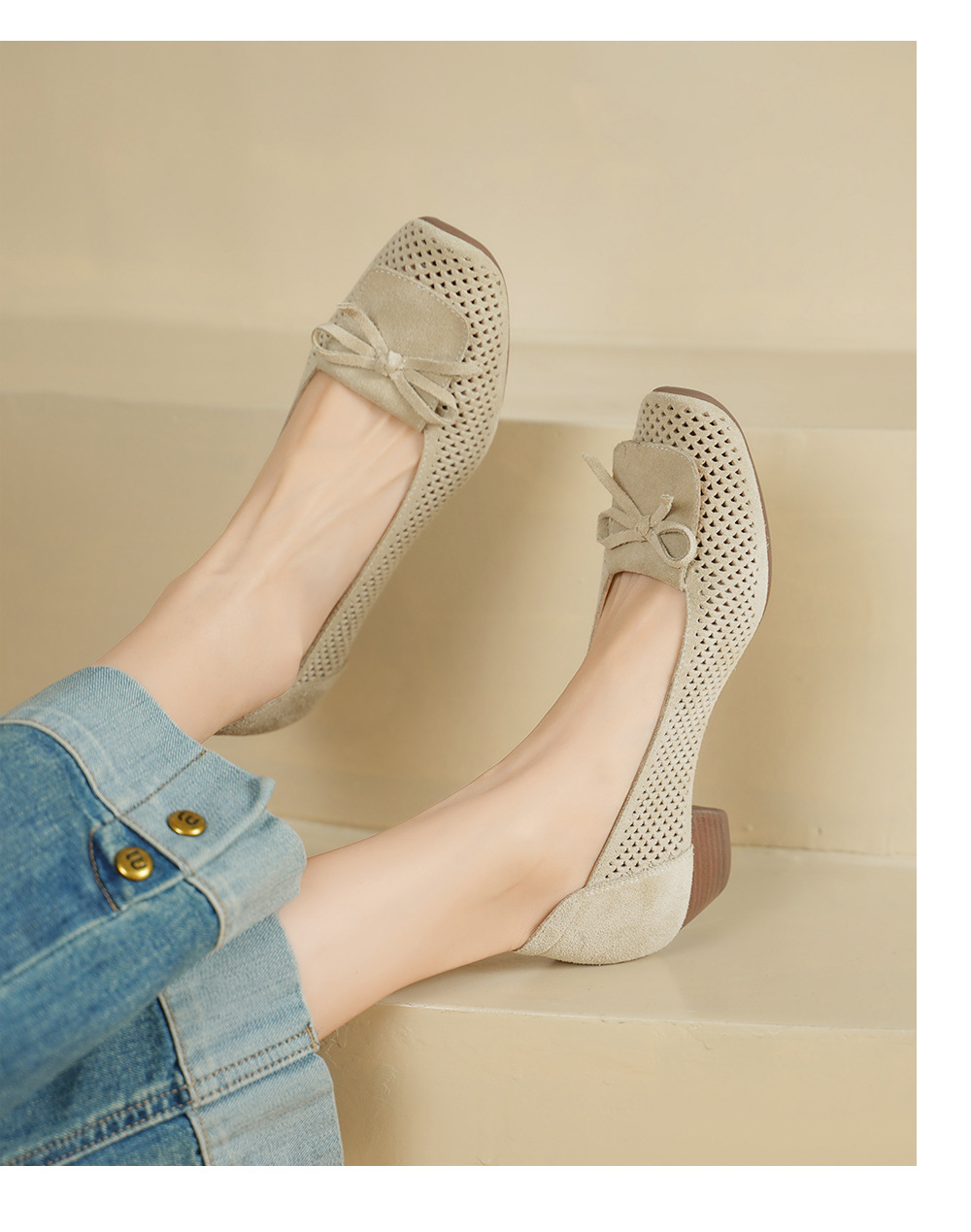 Giày cao gót nữ da lật bò mũi nhọn gót vuông 3.5cm, kiểu dáng nơ xinh — màu sắc chi tiết 7