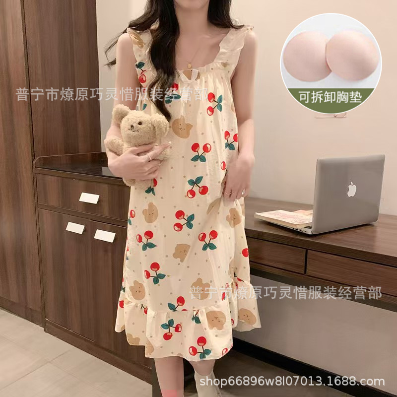 Pijama de cabina para mujeres polvo de cereza de verano algodón trenzado cojín de pecho pijama largo viento rojo de primavera y verano ropa para el hogar