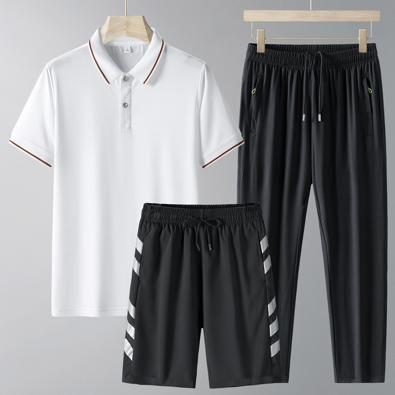 Set de manga corta de mediana edad para hombre verano papá pantalones cortos de hielo con solapa polo casual de tres piezas pantalones secos rápidos