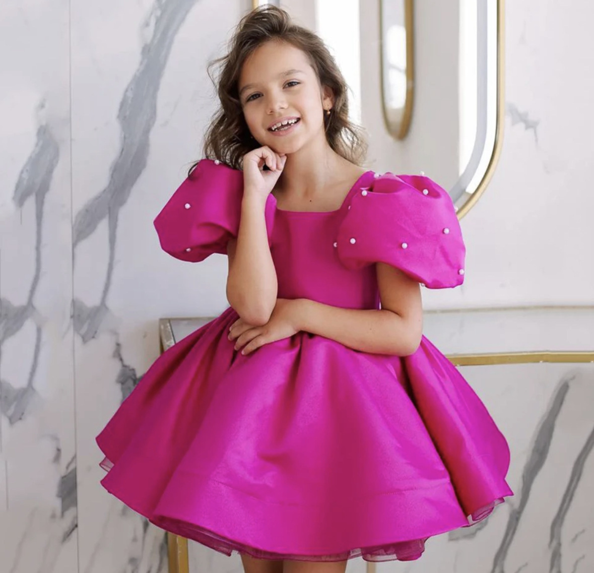 Mädchen-Gastgeberkleid mit Perlen-Puffärmeln, Prinzessinnen-Tutu-Rock in Rosarot, Kinder-Klaviershow und Tanzvorführung_voghion.com