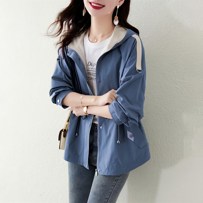 2025 Autumn New British Style Hooded Windbreaker Women's Small Drawstring Waist Popular Workwear Short Jacket