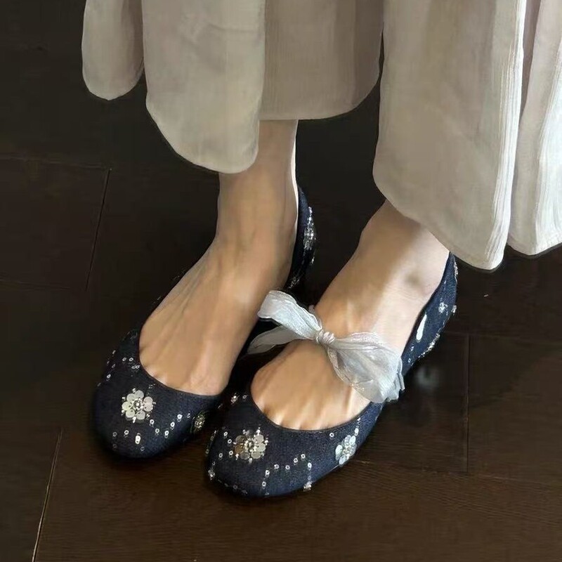 In-Stock Version~Vintage-Style Open-Toe Low-Heel Ballet Shoes with Side Cutouts, Sequins, Shallow Round Toe, and Hidden Height Increase for Women In-Stock Version~Vintage-Style Open-Toe Low-Heel Ballet Shoes with Side Cutouts, Sequins, Shallow Round Toe, and Hidden Height Increase for Women