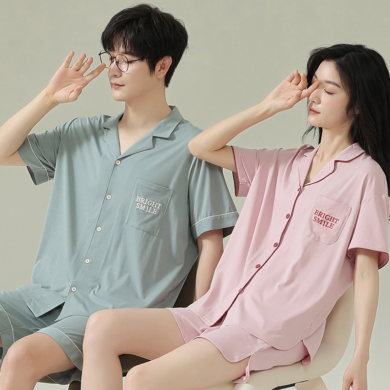 [시원한 느낌 가벼운 얇은] 2023 면 연인 잠옷 여름 반팔 카디건 가정 옷 얇은 면 여성 세트