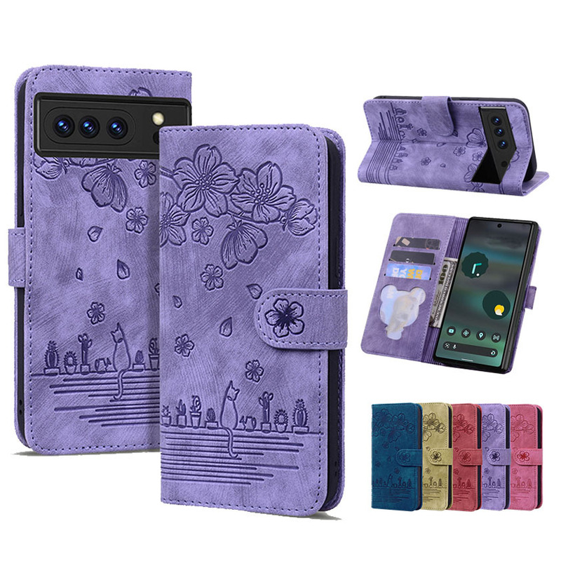 Suitable for Google 109Proxl Comic Cat Cherry Blossom Leather Case Google8Pro9A8A Mobile Phone Embossed Protective Case