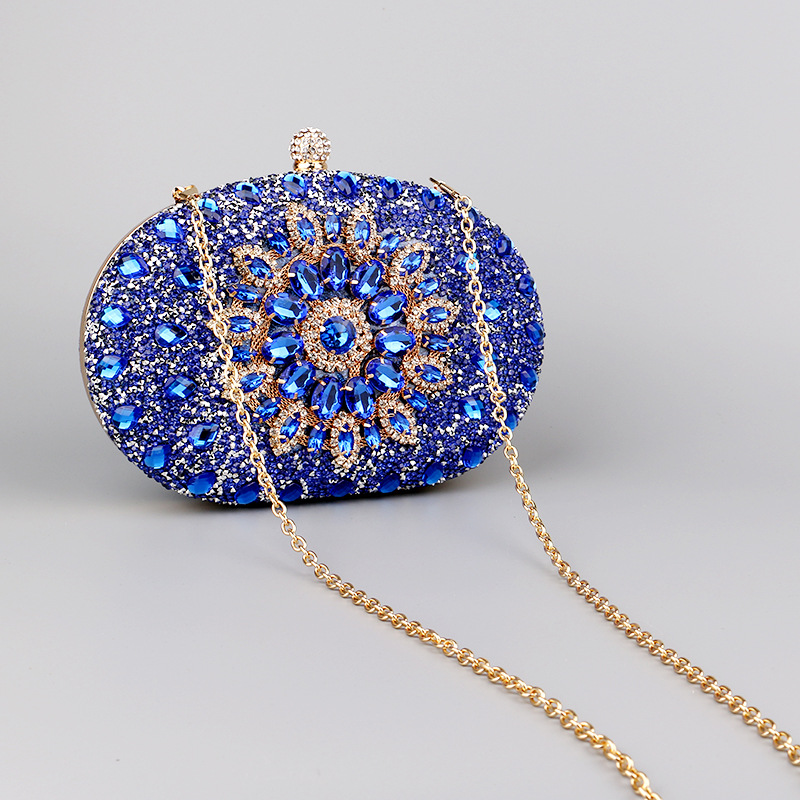 Fashion Style Oval Shape Small Size Red Green Blue Pu Leather Polyester Flower Rhinestone Oval Evening Bags