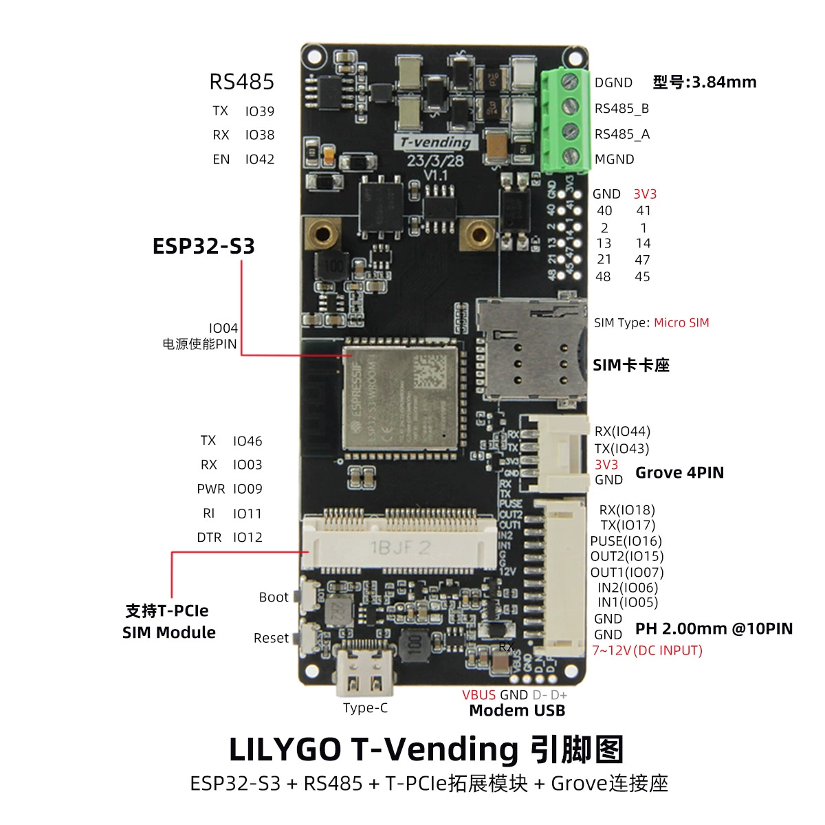 LILYGO ® T-Vending ESP32-S3 RS485 поддерживает модуль расширения T-PCIE Grove
