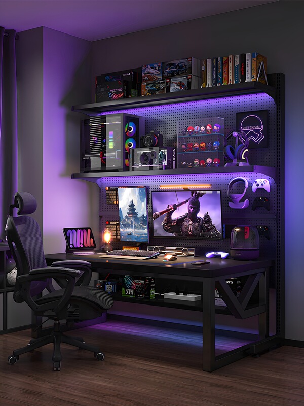 Perforated Board Computer Desk Desktop Gaming Table and Chair Set Bedroom Home Study Desk Bookshelf Integrated Storage Rack Gaming Room Perforated Board Computer Desk Desktop Gaming Table and Chair Set Bedroom Home Study Desk Bookshelf Integrated Storage Rack Gaming Room