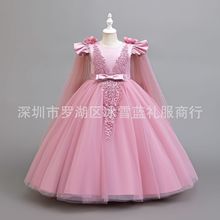 跨境外贸女童礼服裙中大童花朵珍珠婚纱花童表演出公主裙落地长款