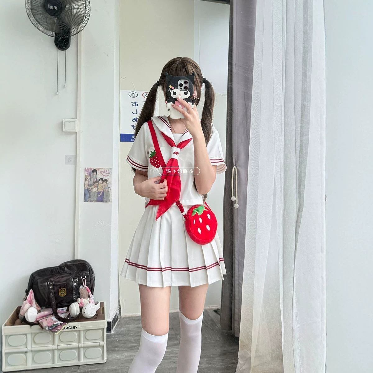 学院风JK制服穿搭新款红色草莓二本水手服搭配同色短裙萌系套装女