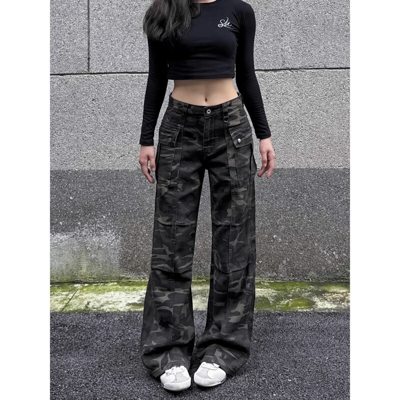American Retro Deconstructed Cargo Camouflage Pants Unisex Trendy Brand Long Canvas Lumberjack Pants Flared Scimitar Jeans