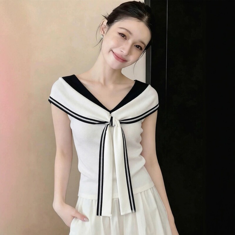 Navy Collar Sleeveless Accordion Knit Top for Women, Summer High-End Lazy Style Slim Fit French White Blouse