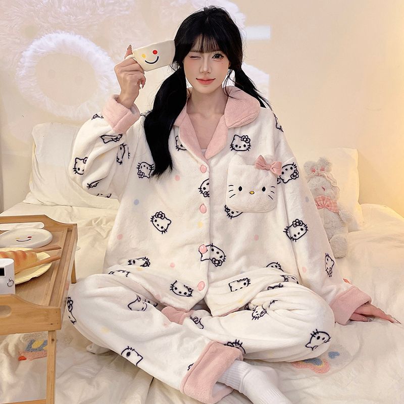 Cross-Border Wholesale Women's Pajamas, Autumn and Winter New Thickened Plush Lapel Cardigan Home Clothes, Simple Women's Pajamas