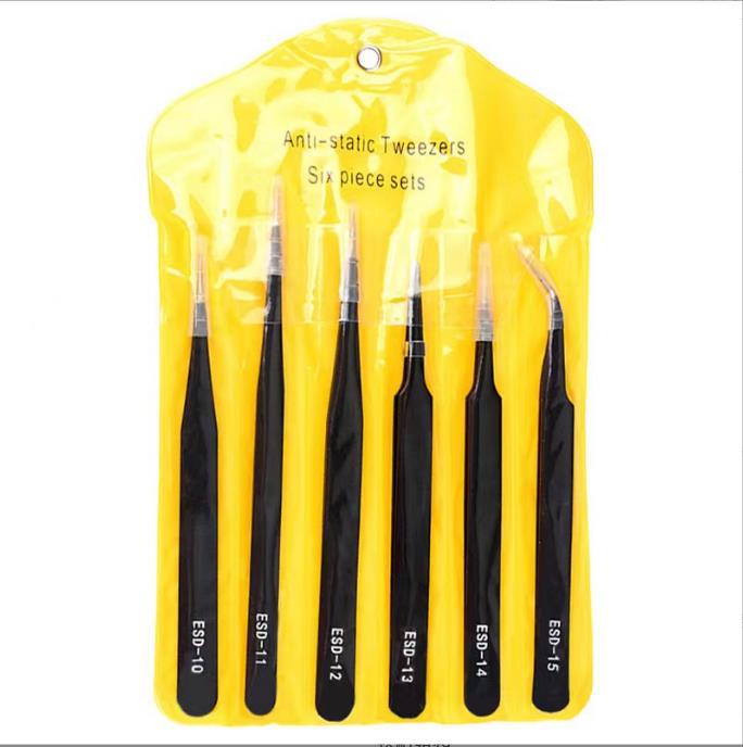 Pinzas de 6 piezas Traje de acero inoxidable de 6 piezas ESD codo puntiagudo negro herramienta de reparación de desmontaje pegatina de uñas clip de taladro
