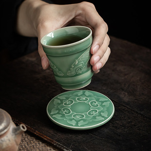 Laomeizi's Professional Hand-Carved Celadon Underglaze Shadow-Carved Cover Is Set with High-Quality Literati's Elegant Utensils and Lotus Rhyme Cover