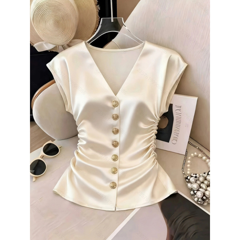 Women's New Summer Style French Elegant Solid Color Satin V-Neck Pleated Waist-Cinching Shirt Suitable for Office Commuting