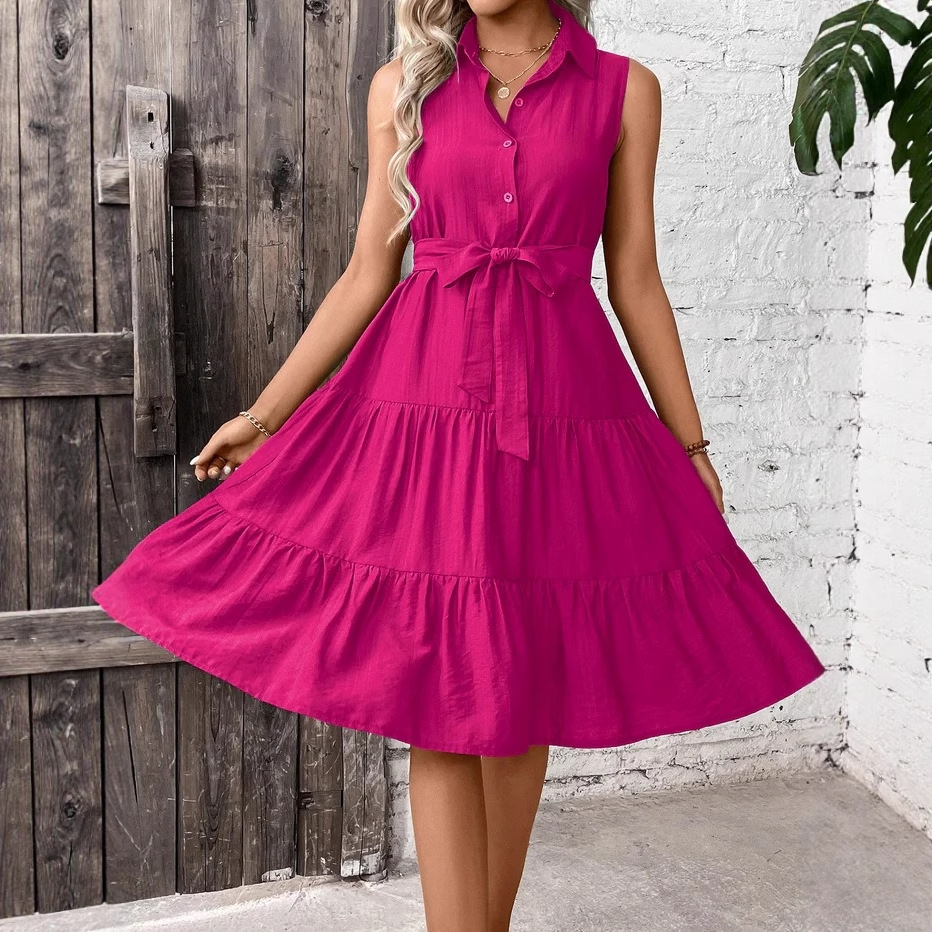 Amazon 2025 European and American Clothing Spring and Summer New Shirt Collar Ruffle Sleeve Dress Button Pure Color Belt