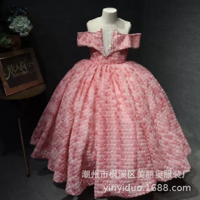 儿童礼服粉色长款玫瑰主持演出公主裙蓬蓬蓬裙泡泡袖优雅小童裙摆