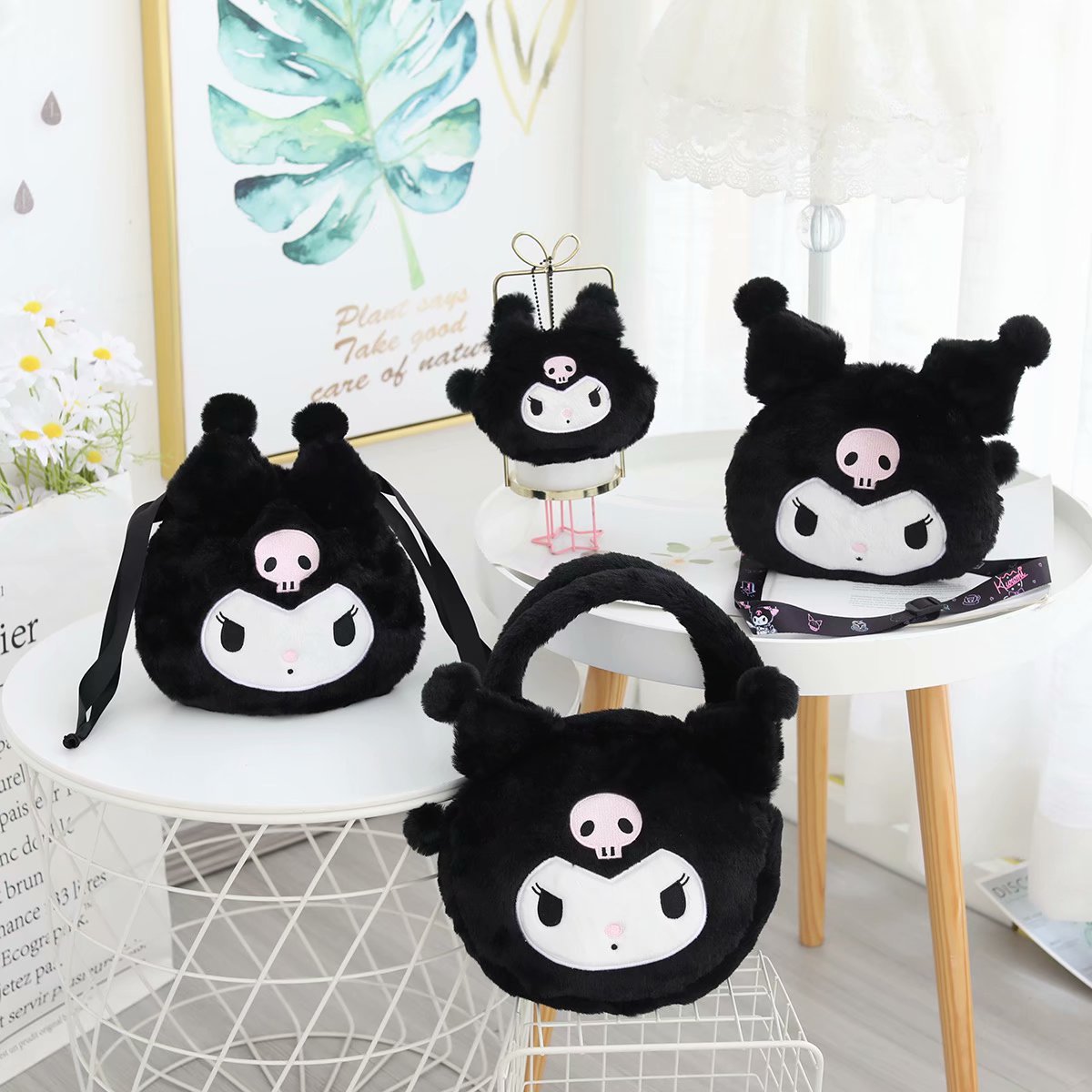 软萌可爱兔毛绒恶魔零钱包手机包束口袋斜挎包手拎包手提包便当包