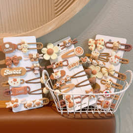 儿童早秋新款奶咖色刘海发夹卡通花朵蝴蝶结碎发边夹女童发卡套装