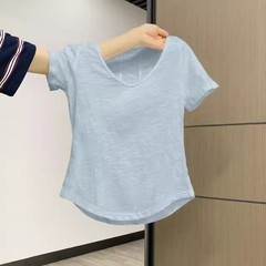 ホワイトUネックショルダー半袖Tシャツレディース2025夏人気アイテム薄手年齢軽減ユニークで美しいピンチウエストトップ
