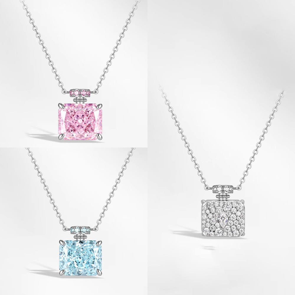Fashionable and elegant ice-cut Paraiba blue perfume bottle pendant, Radiant pink double-sided diamond-studded necklace for women