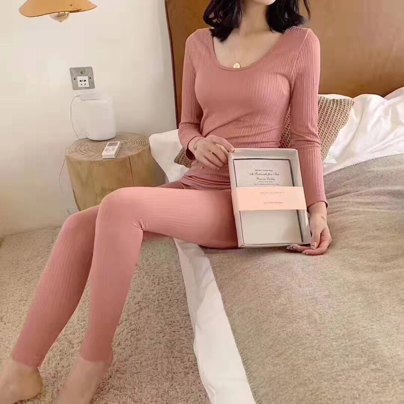 Vertical Striped Thermal Underwear Set for Women, Winter Ribbed Thermal Clothing, Slim Fit Round Neck Seamless Tops and Bottoms