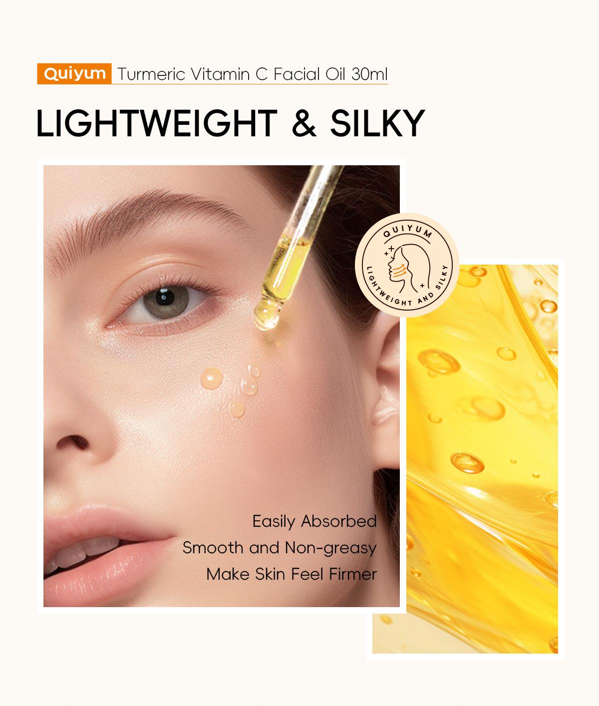 quiyum's new cross-border product, turmeric Vitamin c Facial Essence Oil 30ml, is a hydrating, moisturizing and nourishing FDA skin care product undefined