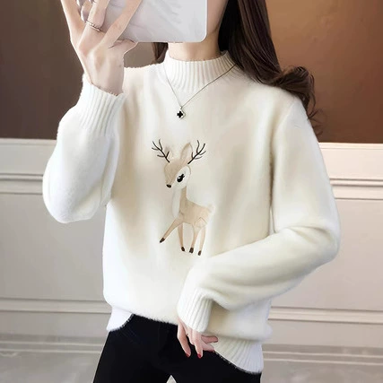 Свитер с вышивкой в стиле колледж, с воротником-стойкой, с мультяшным оленем, милый, вязаный, с длинными рукавами, для девочек, осенне-зимняя коллекция Amazon.