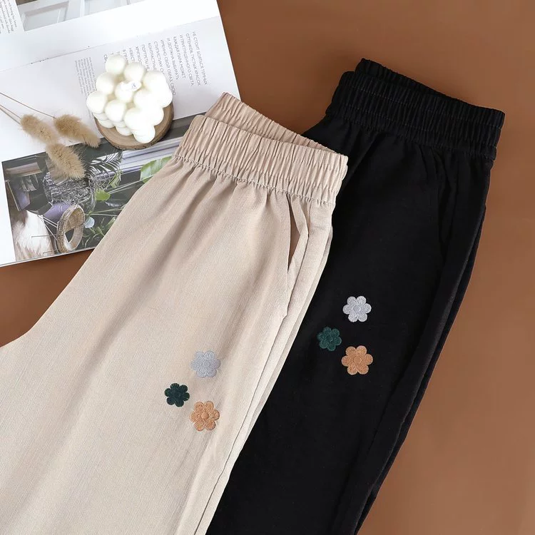 Брюки из хлопка и льна для мамы, летние тонкие брюки с девятью точками, женские брюки среднего и пожилого возраста, летние эластичные свободные повседневные брюки для бабушки.