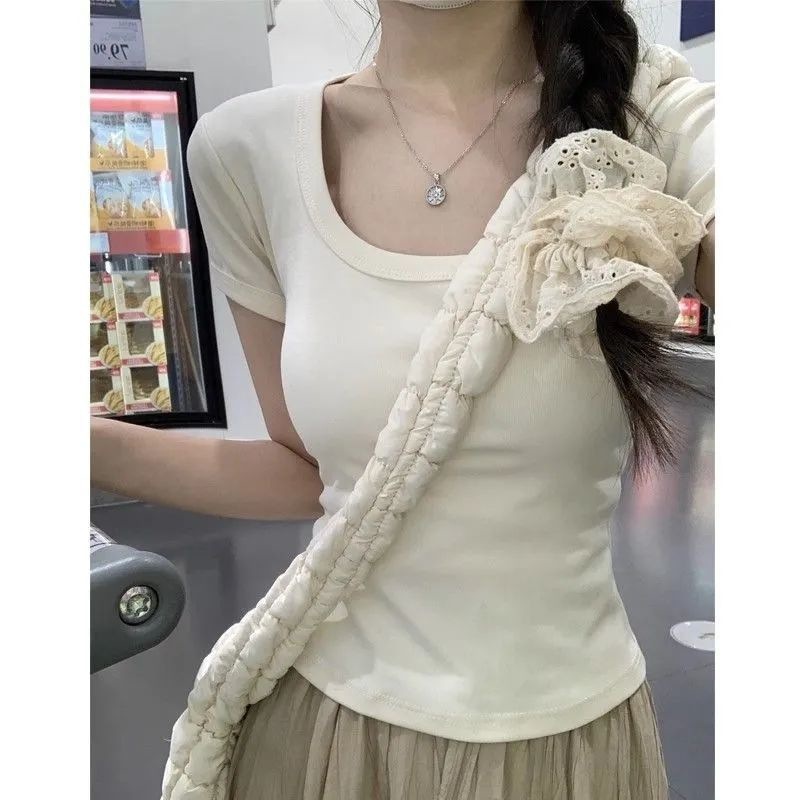 Pure Desire スクエアネック半袖 Tシャツ女性のための夏 2025 新しいスレッドショルダー甘いホットガールシックなショートティートップ|undefined