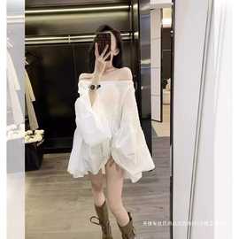连衣裙2024年森女韩版新款茶歇法式气质显瘦一字肩白色裙子女夏季