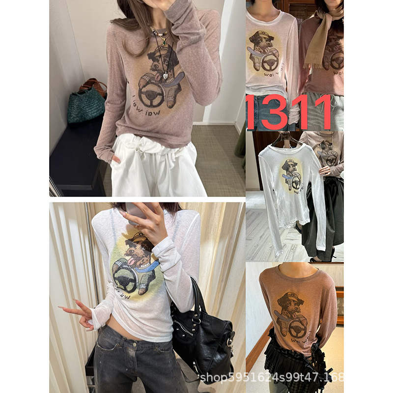 现货发！YY25夏季新款小狗印花套头圆领长袖T恤上衣女