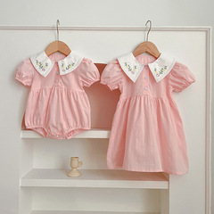 Baby clothes summer new girl baby short-sleeve pants suit embroidery flower collar girls' dress sister set